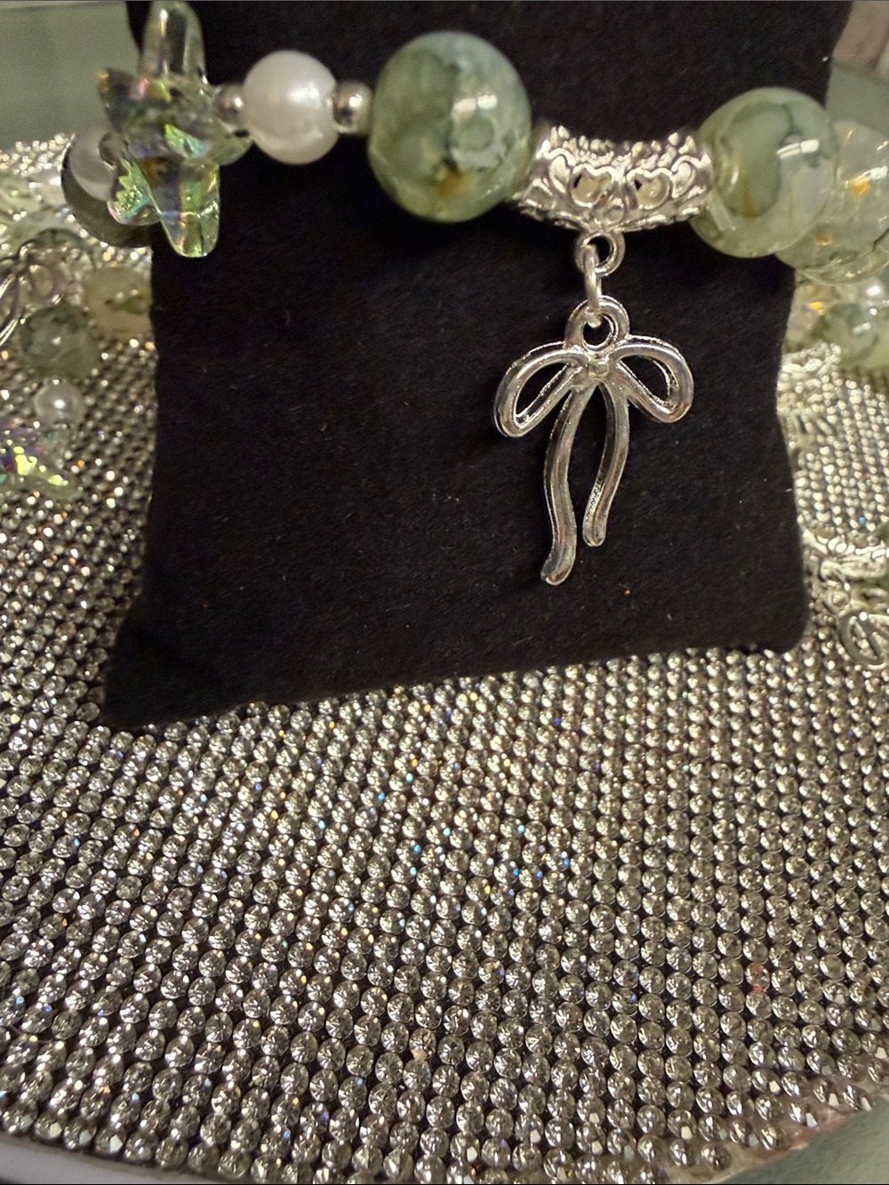 Silver Bow Charm Bracelet with Green Beads - Women Jewelry